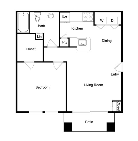 Floor plan for 1 bed, 1 bath, 625 sqft